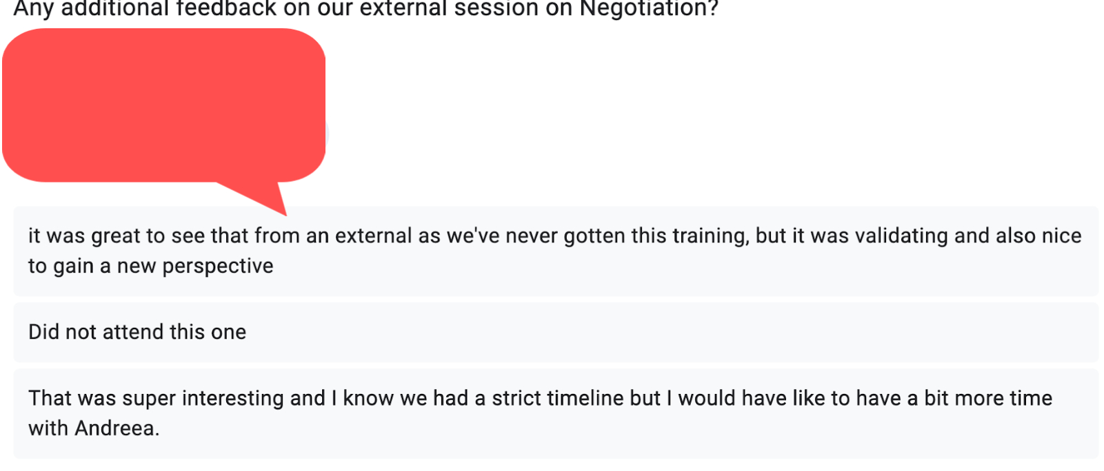 The Principal Recruiter Staffbase training feedback showing 3 participant responses praising the external negotiation session as validating with valuable new perspectives, and requesting more time with trainer Andreea