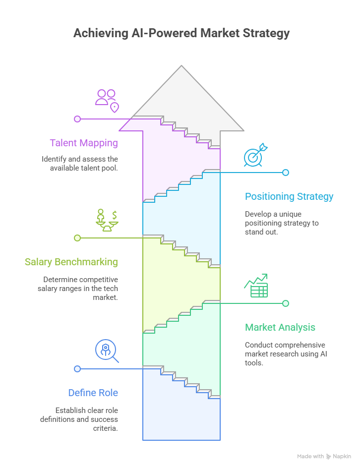 Infographic by The Principal Recruiter showing the phased approach to achieving an AI-powered market strategy for a first founding engineer hire. Steps include defining the role, conducting market analysis, salary benchmarking, talent mapping, and developing a positioning strategy, represented as an upward staircase toward successful recruitment.