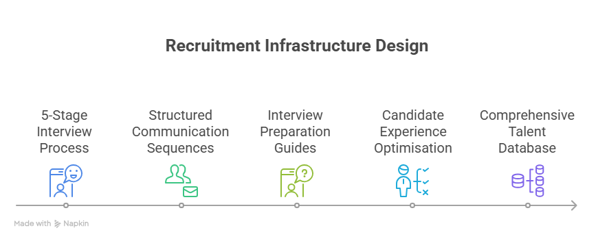 Infographic by The Principal Recruiter outlining the recruitment infrastructure design process for a first founding engineer hire. The visual features five key elements: 5-stage interview process, structured communication sequences, interview preparation guides, candidate experience optimisation, and a comprehensive talent database, shown in a horizontal flow.