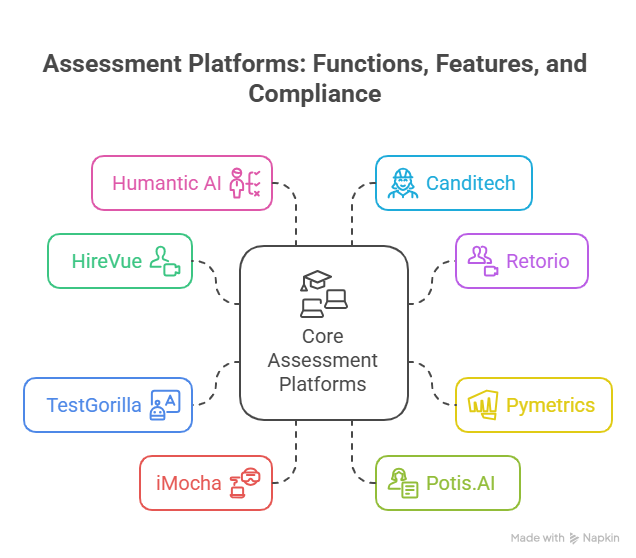 Visual overview of core assessment platforms organised by The Principal Recruiter, including HireVue, TestGorilla, iMocha, Humantic AI, Canditech, Retorio, Pymetrics, and Potis.AI, highlighting their functions, features, and compliance status in talent acquisition.