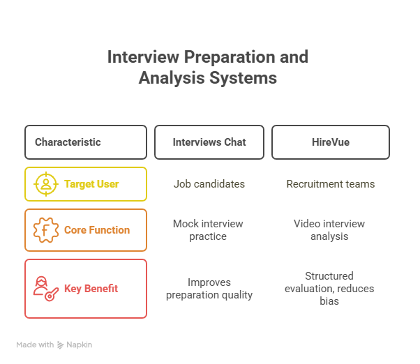 Comparison chart of interview preparation and analysis systems curated by The Principal Recruiter, featuring Interviews Chat for job candidates and HireVue for recruitment teams. Highlights include target users, core functions such as mock interview practice and video analysis, and key benefits like improved preparation quality and reduced bias.